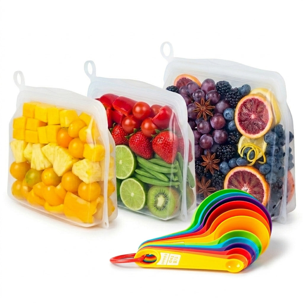 ⁠DETOIITO Reusable Silicone Food Storage Bags 3 Pack with Rainbow Measuring Spoons Set