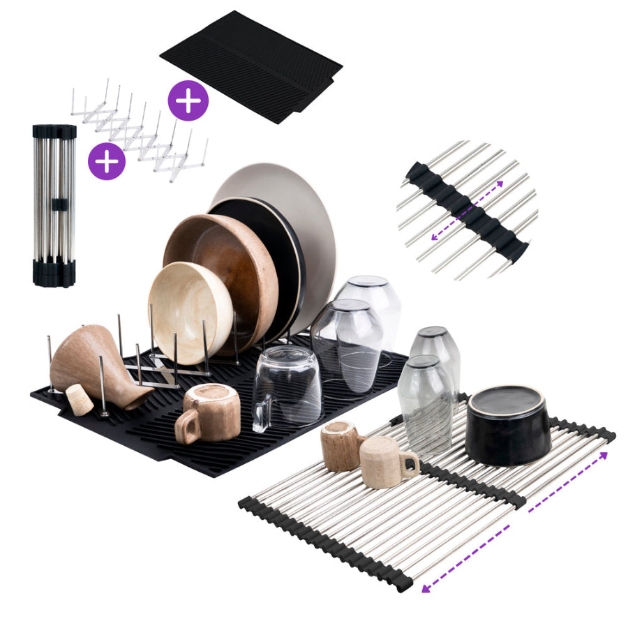 ⁠DETOIITO Roll Up Dish Drying Rack Over the Sink with Silicone Mat and Expandable Plate Holder Set